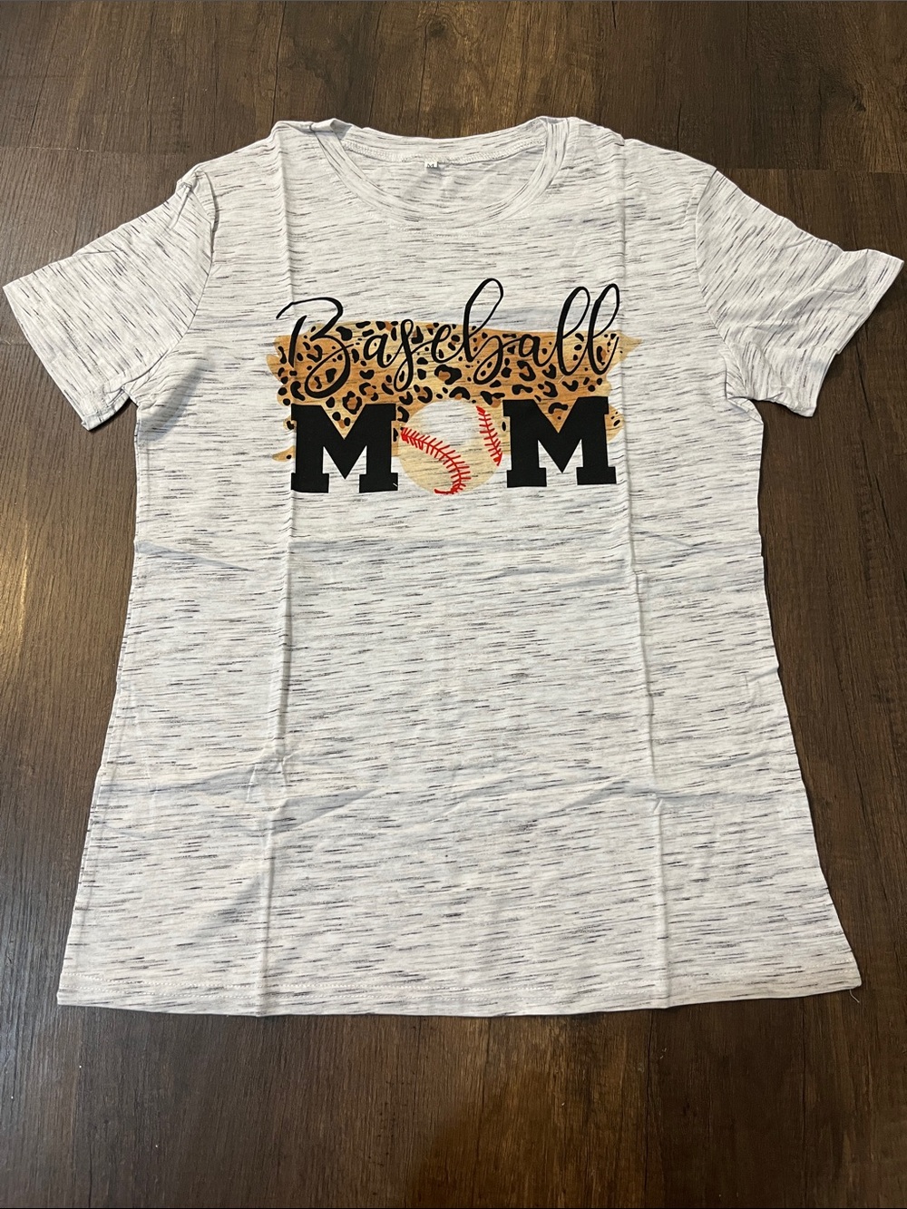 Amazon White Heather 'Baseball Mom' Graphic Tee with Leopard Accent size M